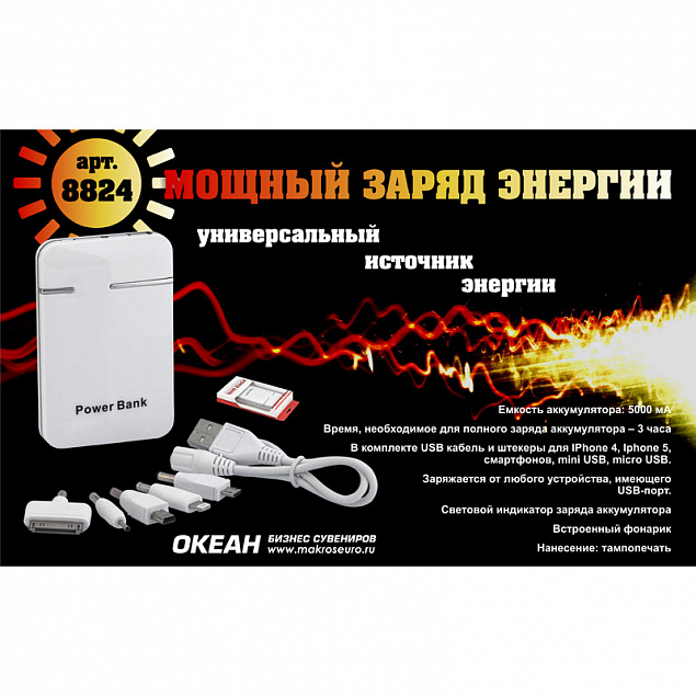 Зарядное устройство "Кругосветка", 5000 mAh, белый с логотипом в Белгороде заказать по выгодной цене в кибермаркете AvroraStore