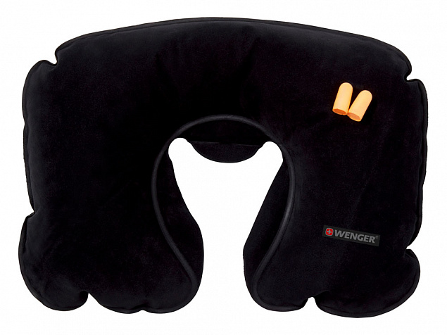 Подушка для самолёта WENGER, надувная, чёрная, флис, беруши в комплекте с логотипом в Белгороде заказать по выгодной цене в кибермаркете AvroraStore
