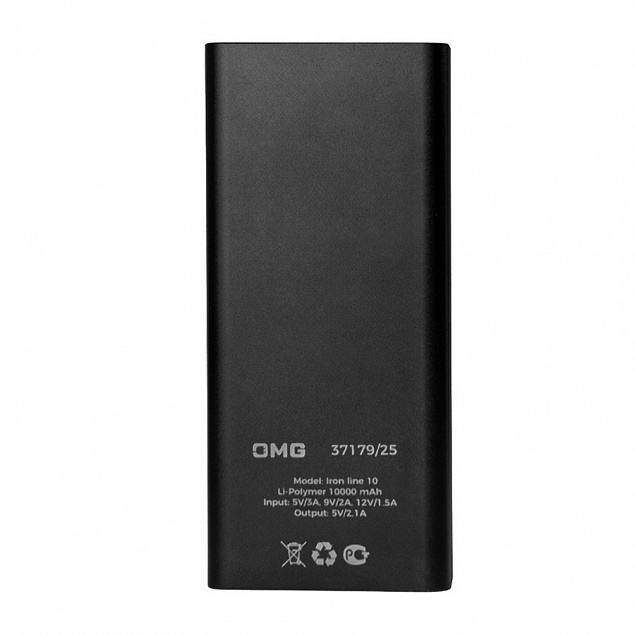 Универсальный аккумулятор OMG Iron line 10 (10000 мАч), металл, черный, 14,7х6.6х1,5 см с логотипом в Белгороде заказать по выгодной цене в кибермаркете AvroraStore