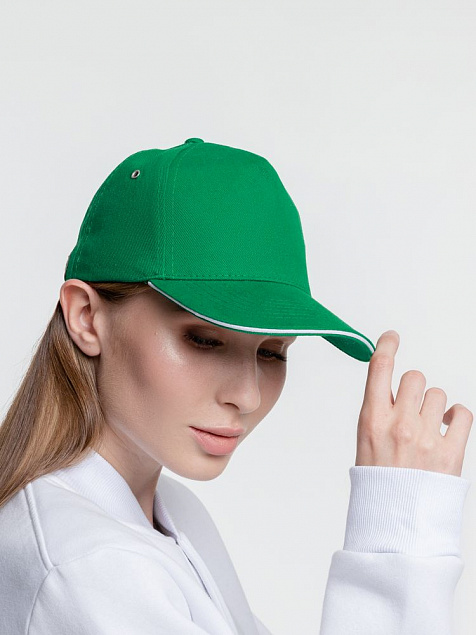 Бейсболка Classic, ярко-зеленая с белым кантом с логотипом в Белгороде заказать по выгодной цене в кибермаркете AvroraStore