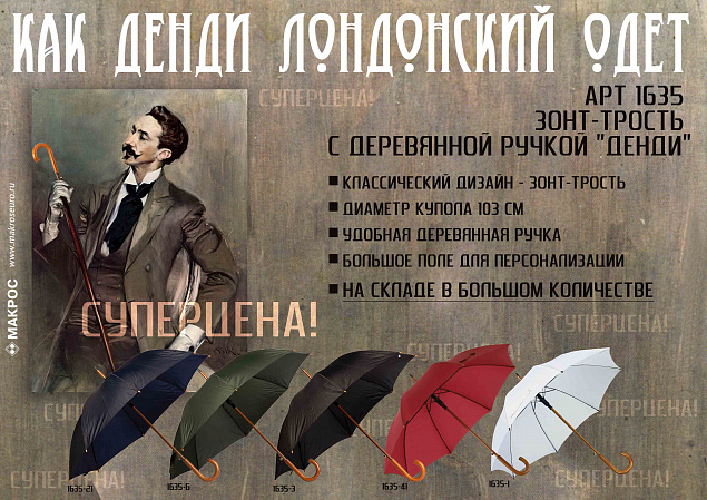 Зонт-трость с деревянной ручкой "Денди" с логотипом в Белгороде заказать по выгодной цене в кибермаркете AvroraStore