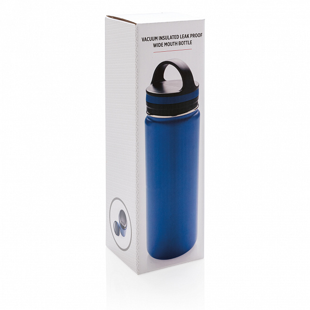 Герметичная вакуумная бутылка с широким горлышком, синяя с логотипом в Белгороде заказать по выгодной цене в кибермаркете AvroraStore