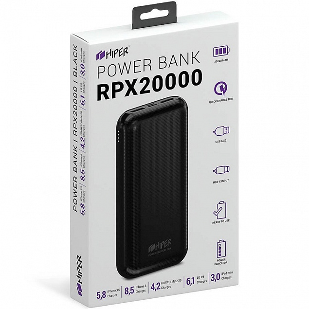 Универсальный аккумулятор RPX20000, QC3.0, PD, TYPE C, емкость 20000 мАч, черный  с логотипом в Белгороде заказать по выгодной цене в кибермаркете AvroraStore