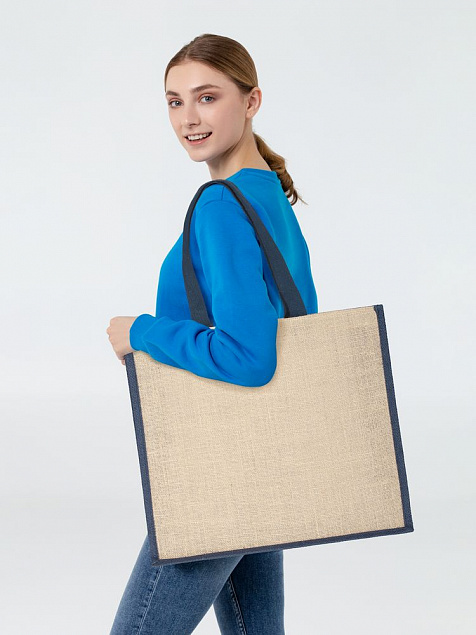 Холщовая сумка для покупок Bagari с синей отделкой с логотипом в Белгороде заказать по выгодной цене в кибермаркете AvroraStore