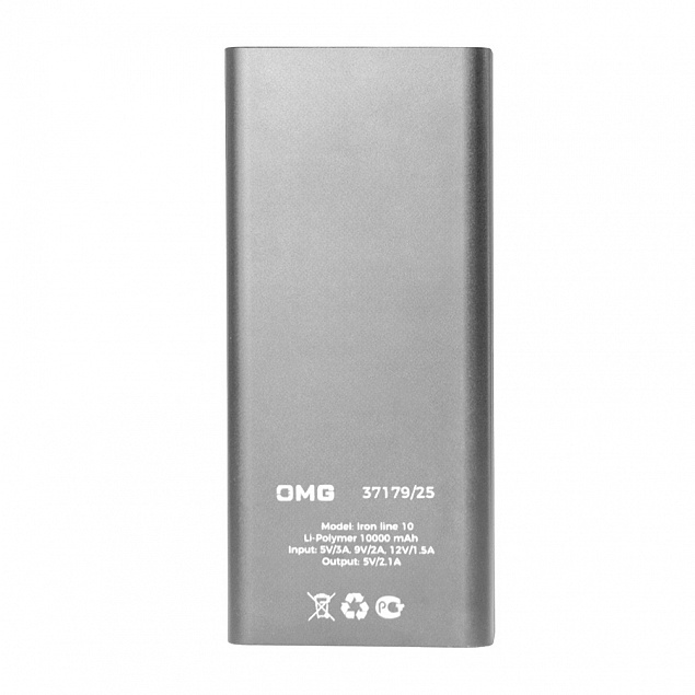Универсальный аккумулятор OMG Iron line 10 (10000 мАч), металл, серебристый, 14,7х6.6х1,5 см с логотипом в Белгороде заказать по выгодной цене в кибермаркете AvroraStore
