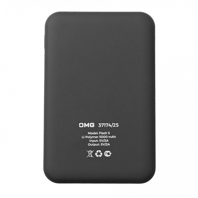 Универсальный аккумулятор OMG Flash 5 (5000 мАч) с подсветкой и soft touch, черный, 9,8х6.3х1,3 см с логотипом в Белгороде заказать по выгодной цене в кибермаркете AvroraStore