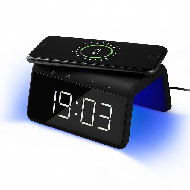 Настольные часы с беспроводной зарядкой 15W, Flame, черный цвет с логотипом в Белгороде заказать по выгодной цене в кибермаркете AvroraStore