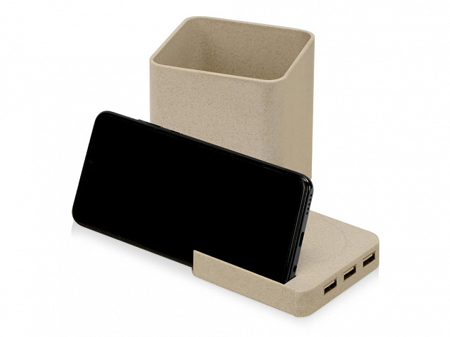 Настольный органайзер Cubic из пшеничного волокна с функцией беспроводной зарядки и выходами USB с логотипом в Белгороде заказать по выгодной цене в кибермаркете AvroraStore