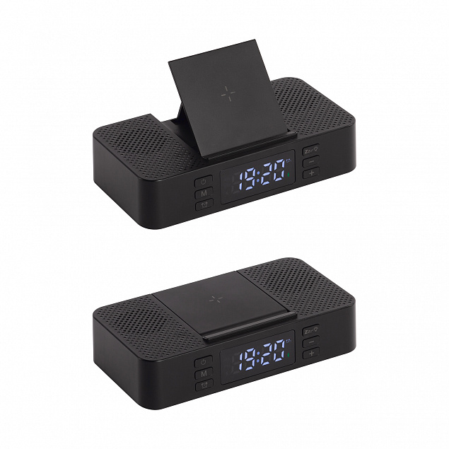 Настольные часы "Smart Box" с bluetooth колонкой (2х3Вт), беспроводным (15W) зарядным устройством и складной подставкой под смартфон с логотипом в Белгороде заказать по выгодной цене в кибермаркете AvroraStore
