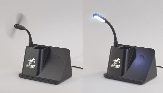 Карандашница "Black Star" с беспроводным (10W) зарядным устройством, вентилятором и лампой, с подсветкой логотипа с логотипом в Белгороде заказать по выгодной цене в кибермаркете AvroraStore